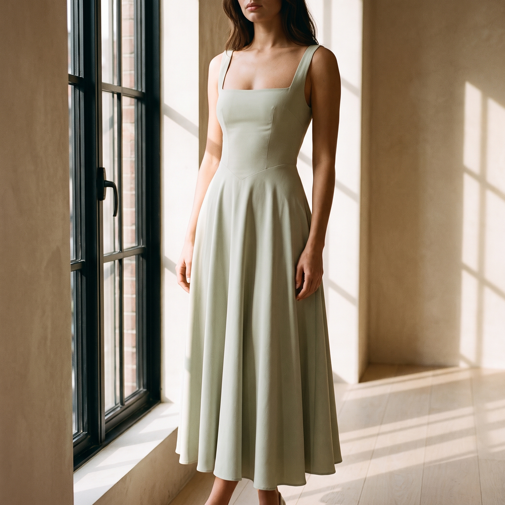 Scarlett midi dress by a tall apartment window