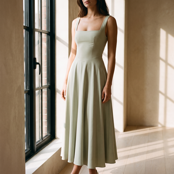 Scarlett midi dress by a tall apartment window