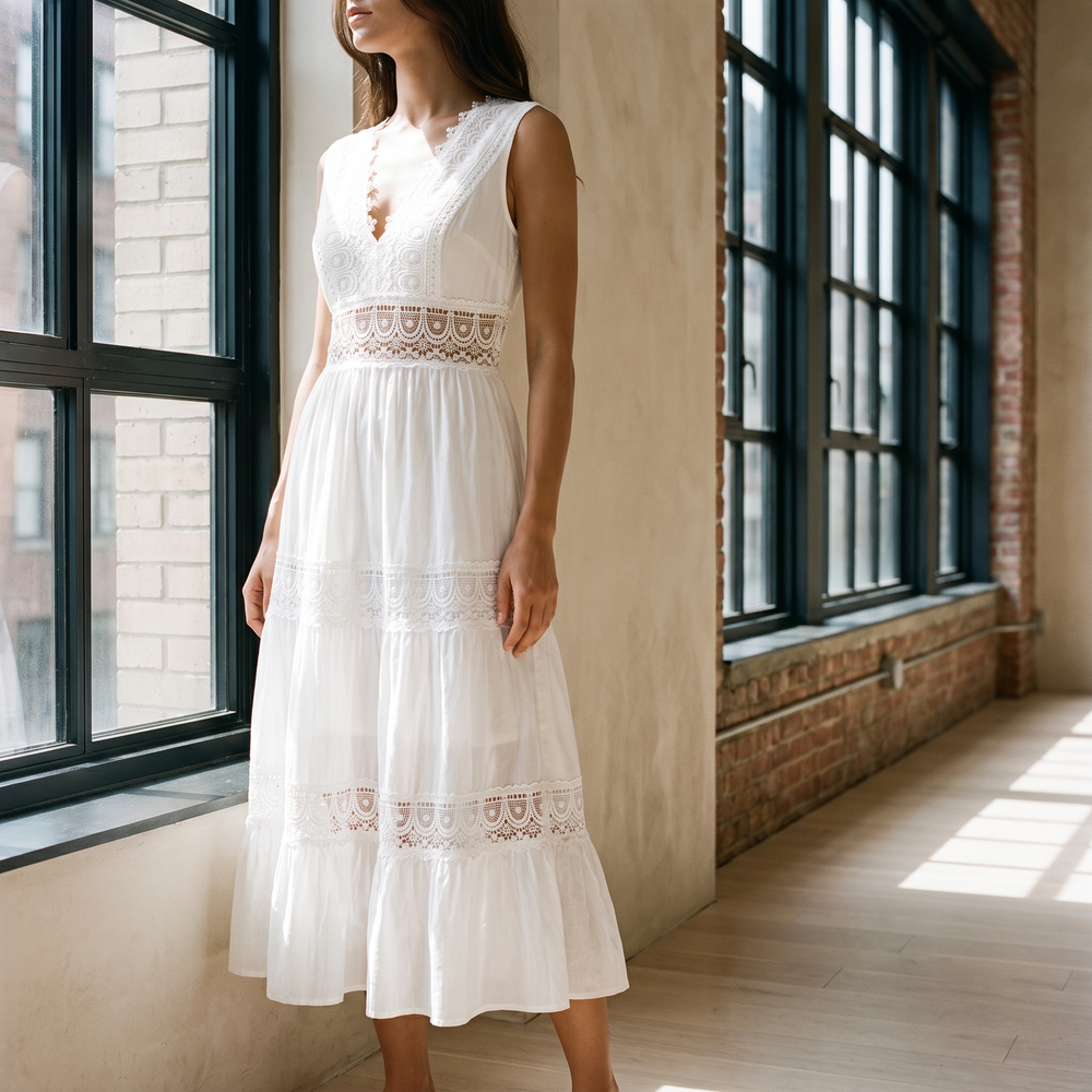 Stella midi dress by a tall apartment window