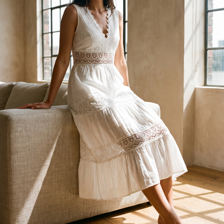 Stella midi dress seated in sunlight