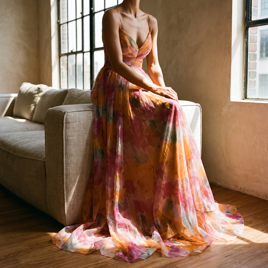 Valerie floral maxi dress seated in sunlight