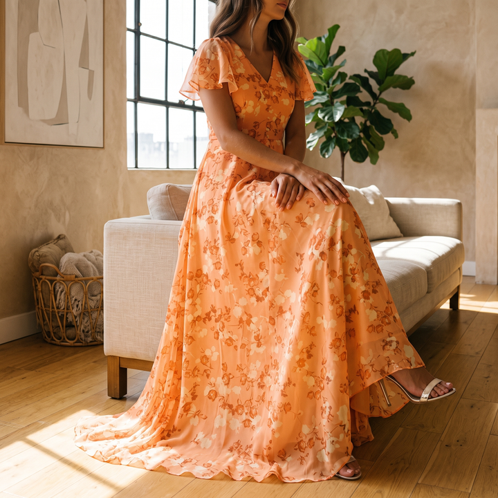 Aurelia maxi dress seated in sunlight