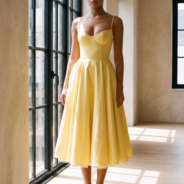 Ophira corset midi dress by a tall apartment window