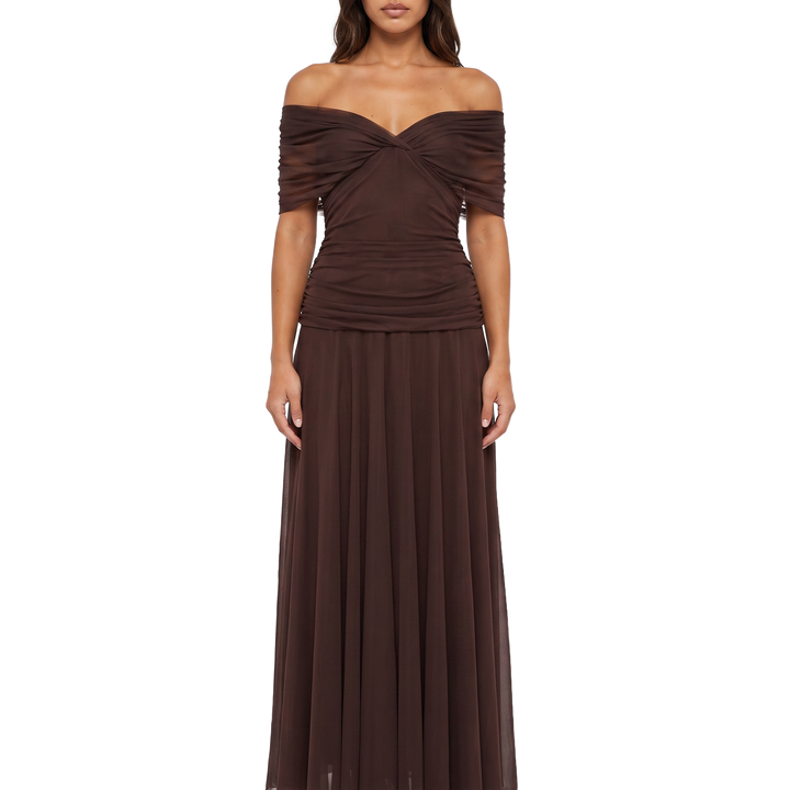 Lisa off shoulder maxi dress, pure white background