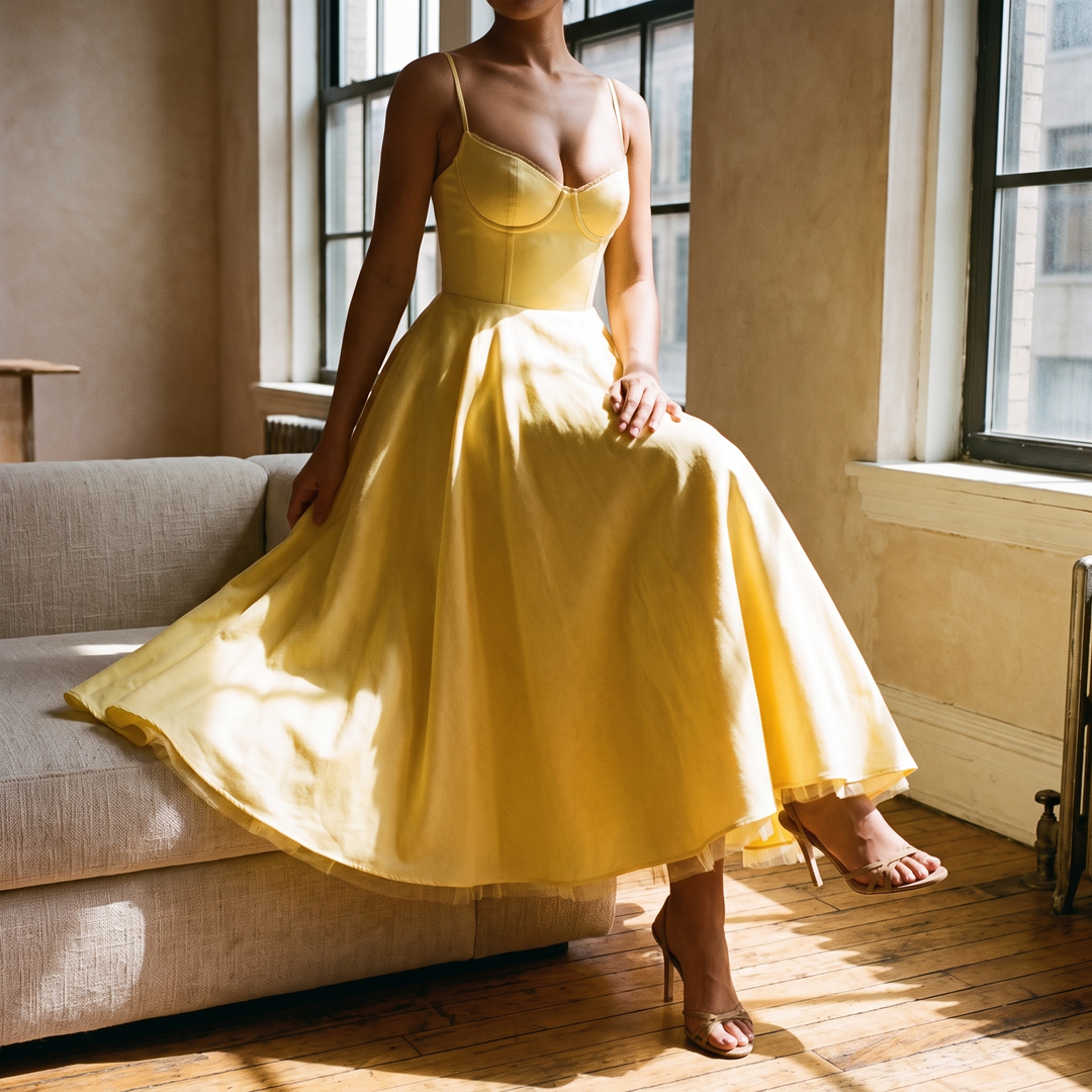 Seraphine corset midi dress seated in sunlight