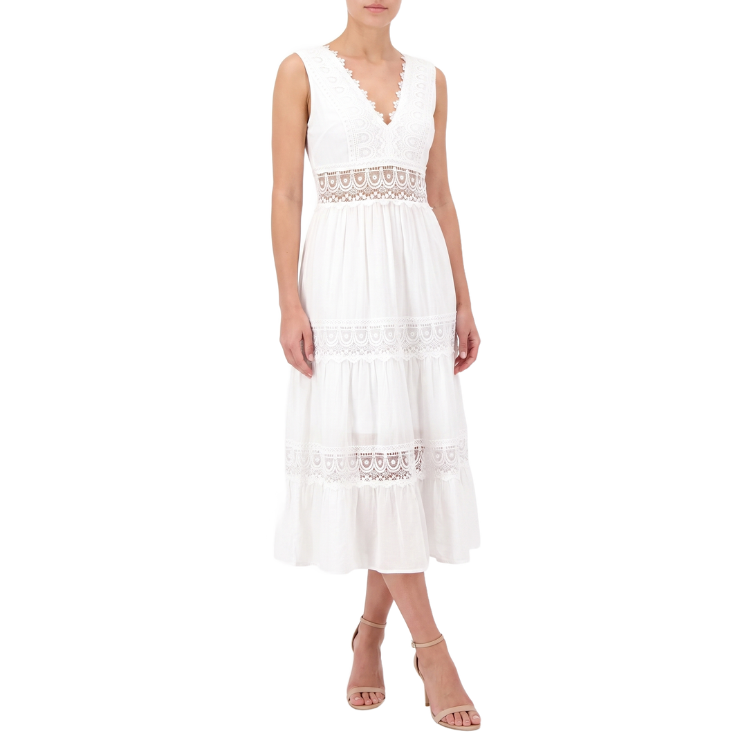 Alessia lace trimmed V neck tank midi dress with heeled sandals, pure white background