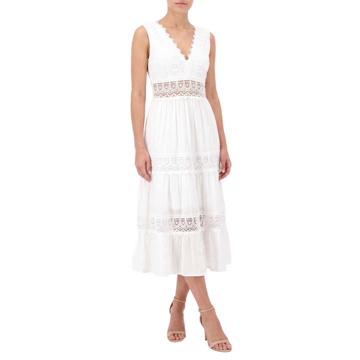 Alessia lace trimmed V neck tank midi dress with heeled sandals, pure white background