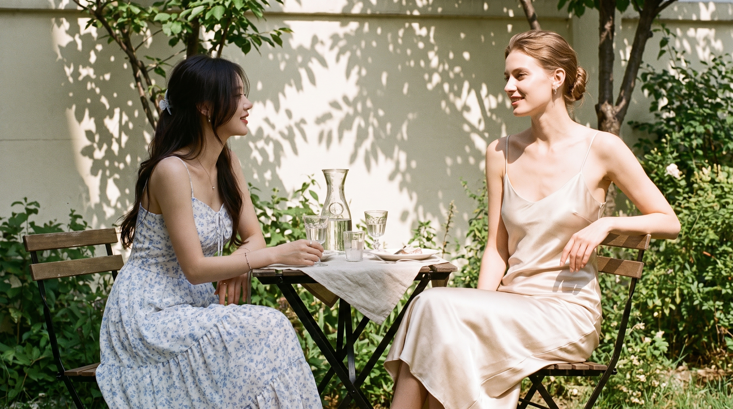 Two women at a sunlit outdoor lunch, one in a champagne silk slip dress