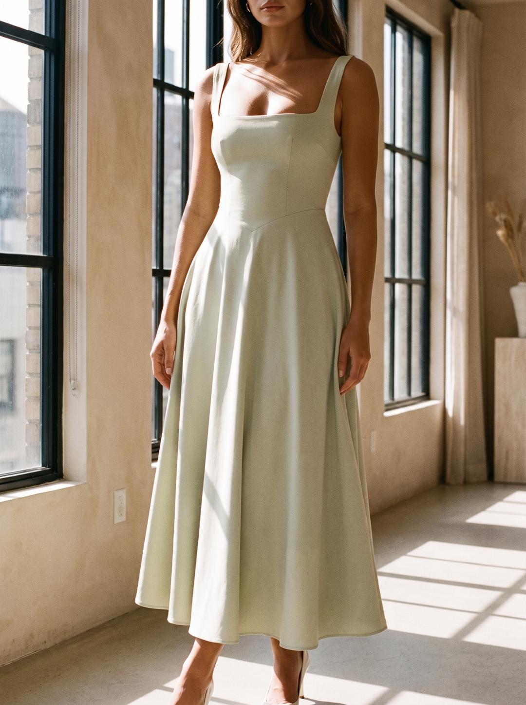 Scarlett dress worn in a sunlit apartment