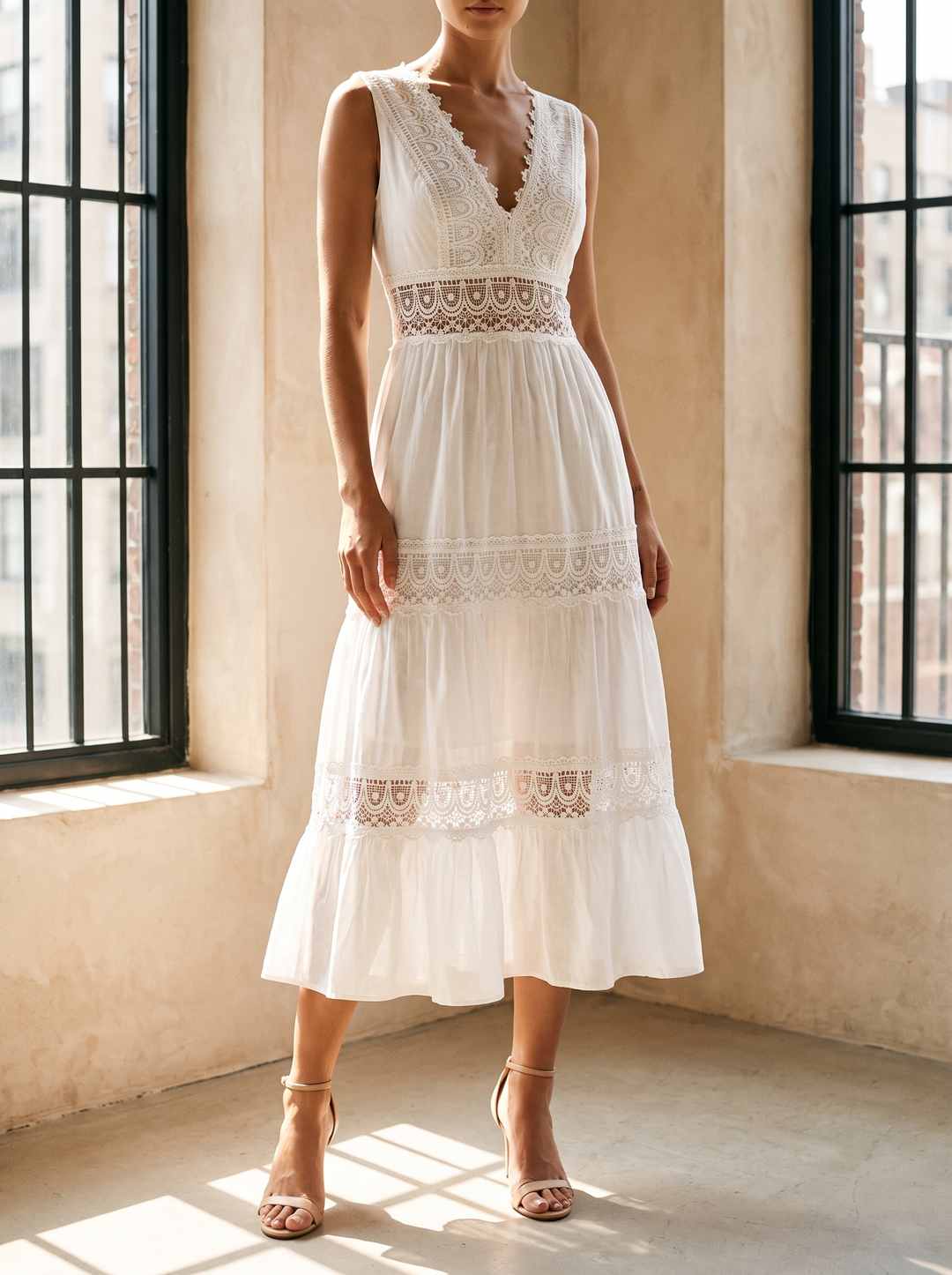 Stella dress worn with heeled sandals in a sunlit apartment